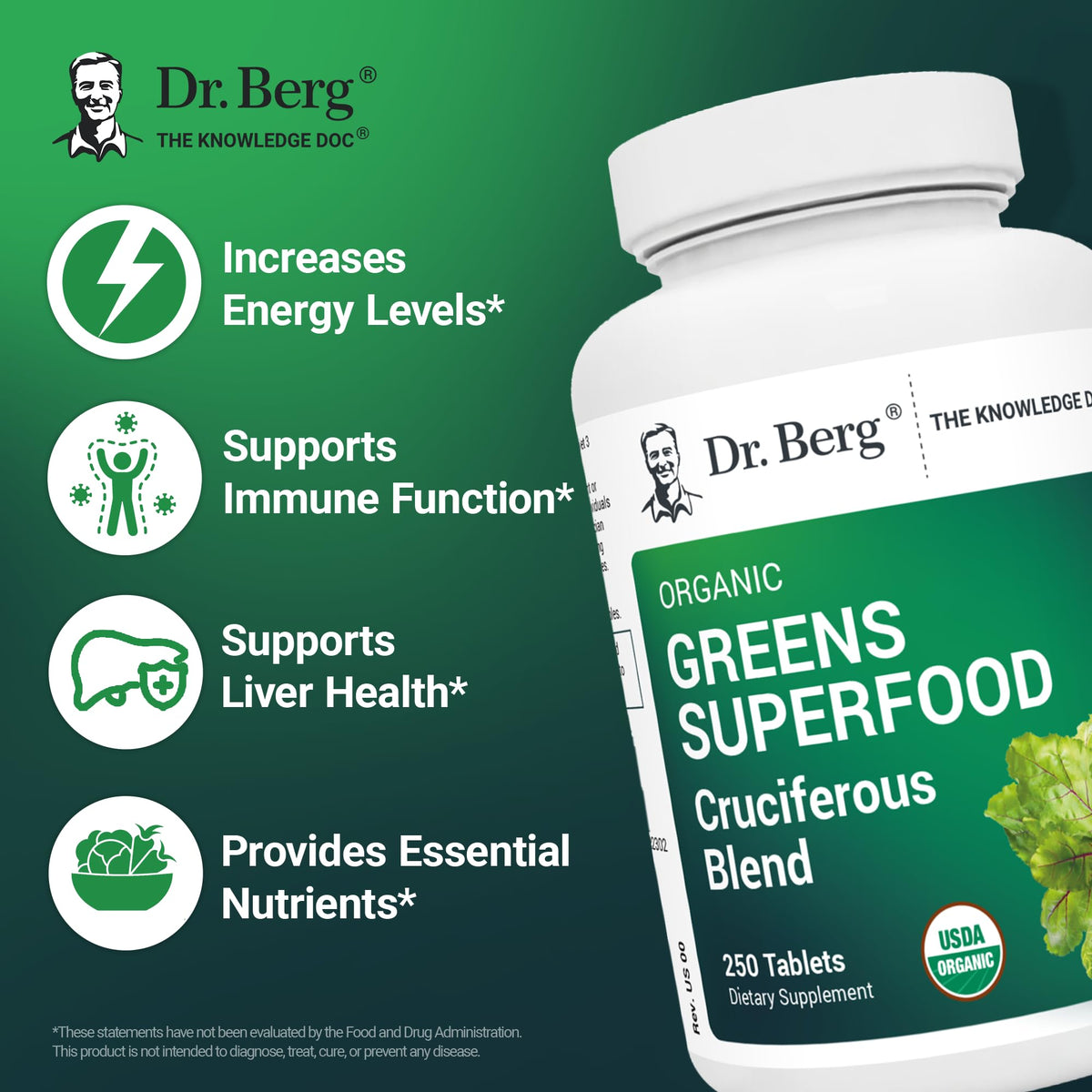Dr. Berg Nutritionals Tabletas de Súper Alimentos Verdes – 11 Fito-Nutrientes de Vegetales Cruciferos, 250 Tabletas