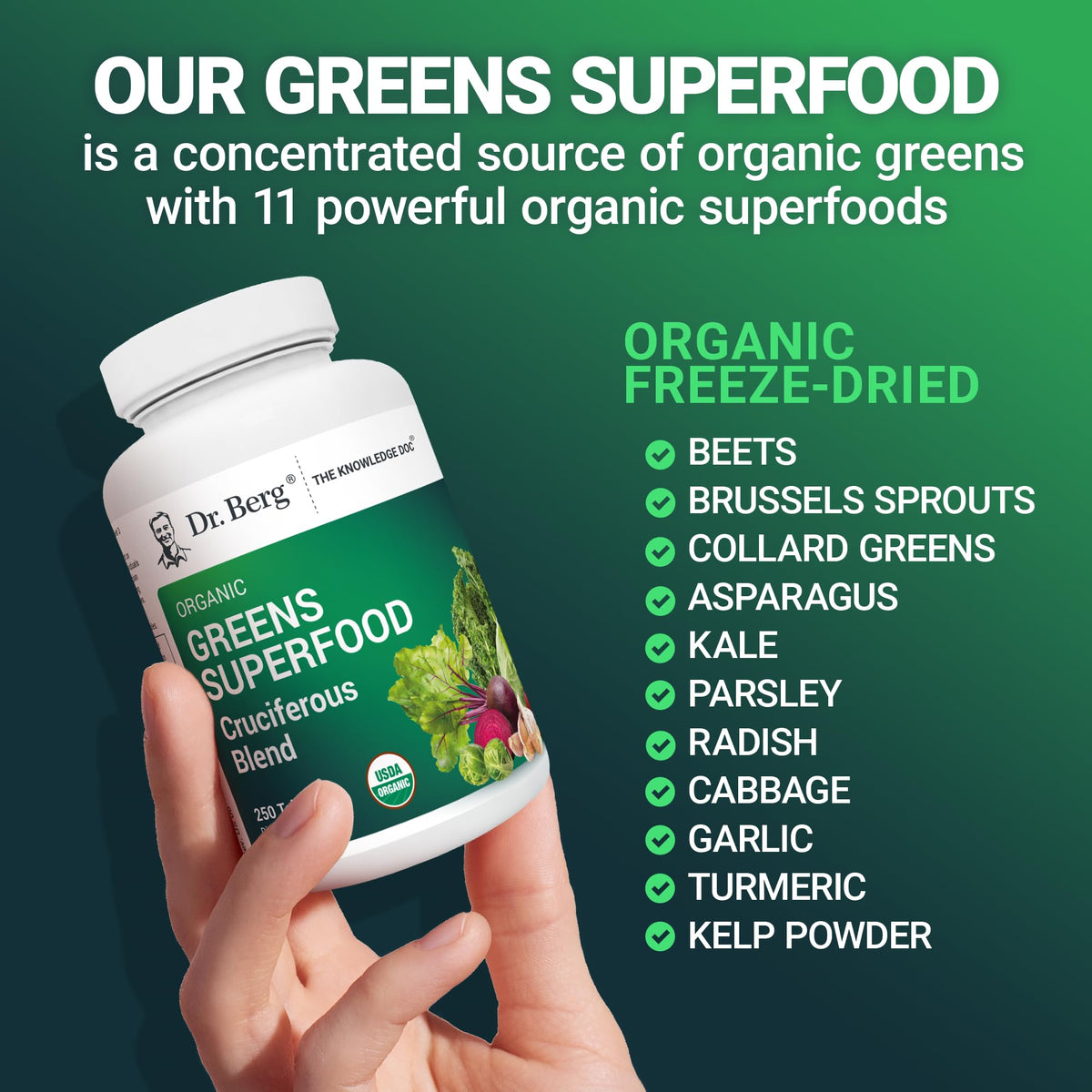 Dr. Berg Nutritionals Tabletas de Súper Alimentos Verdes – 11 Fito-Nutrientes de Vegetales Cruciferos, 250 Tabletas