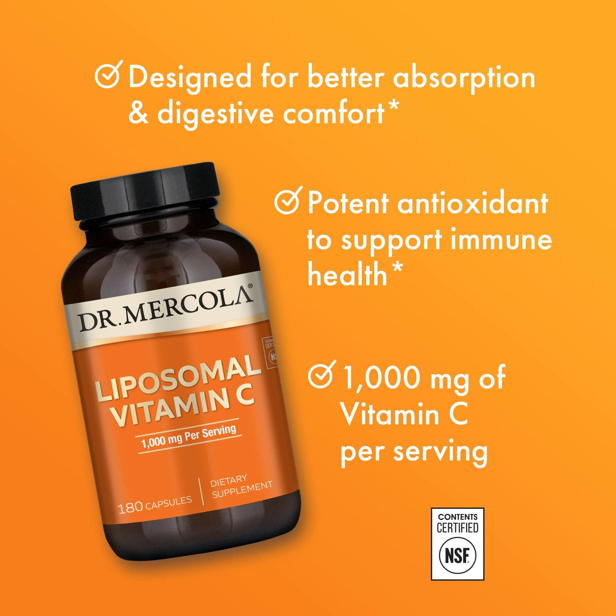 Dr. Mercola Liposomal Vitamin C - 1,000 mg Bioavailable Vitamin C - Immune, Brain, Heart & Eye Support - 180 Capsules - Calm Era