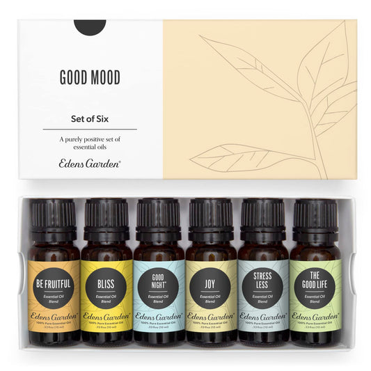 Eden's Garden essential oil set with six bottles in a box labeled 'Good Mood'.