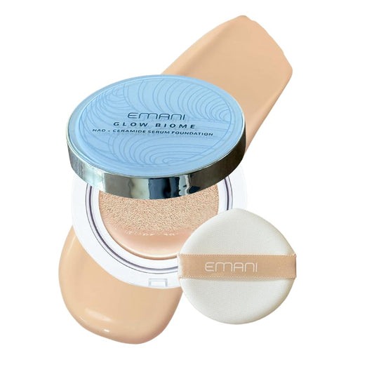 Emani Glow Biome foundation compact with blue lid and white sponge applicator on a white background