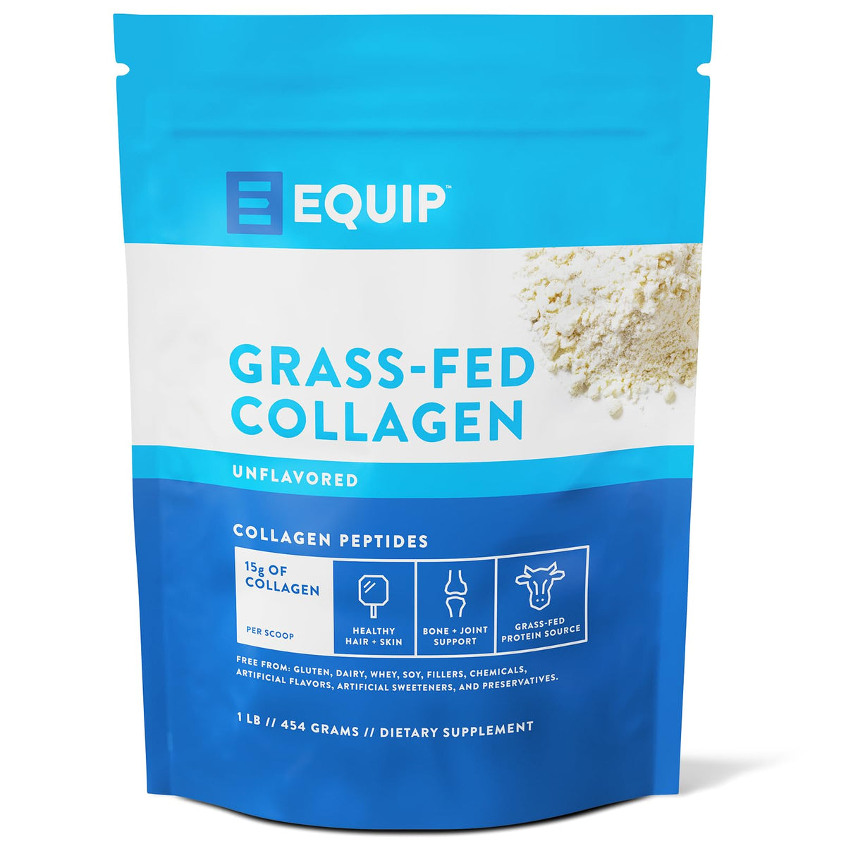 Package of Equip grass-fed collagen on a white background