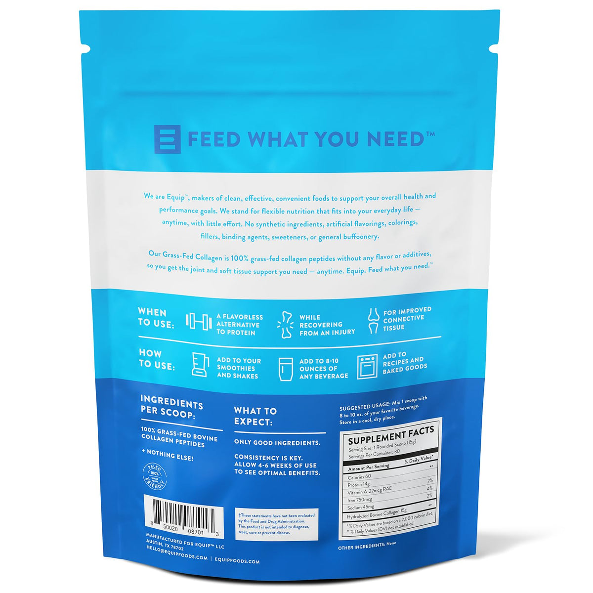 Equip Foods Grass-Fed Collagen Powder – Unflavored, Non-GMO | 30 Servings
