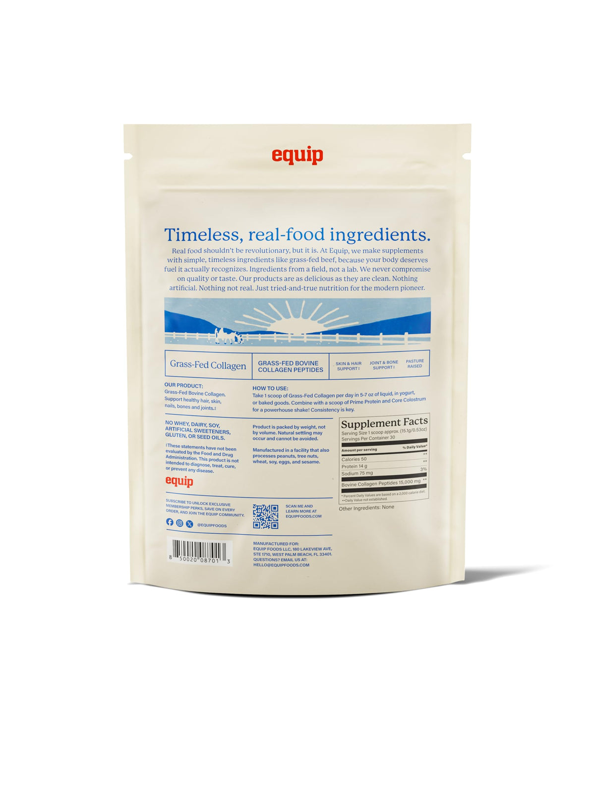 Equip Foods Grass-Fed Collagen Powder – Unflavored, Non-GMO | 30 Servings