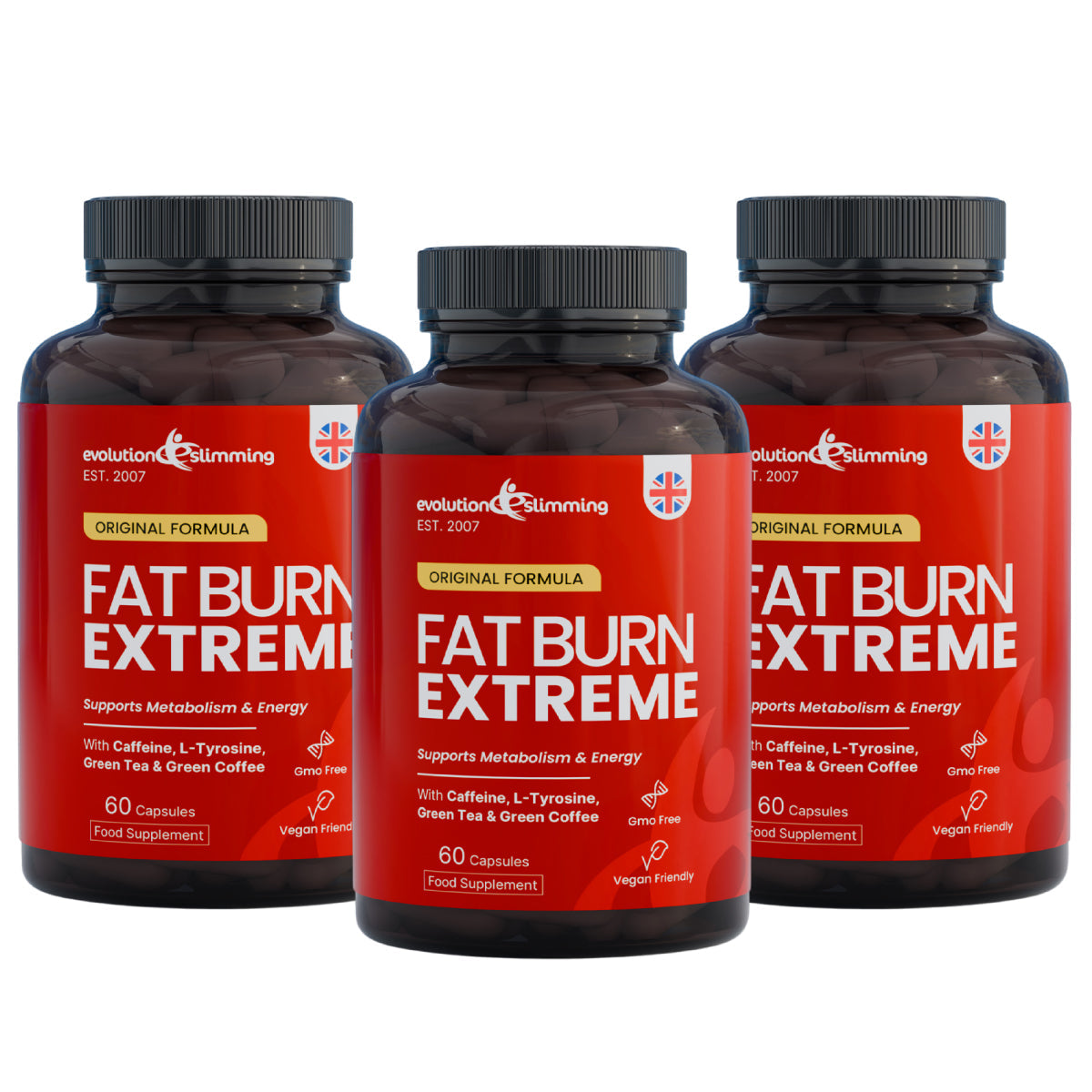 Three dark amber supplement bottles with black caps and bright red labels reading 'FAT BURN EXTREME' on a plain white background.
