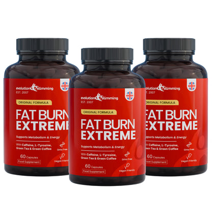 Three dark amber supplement bottles with black caps and bright red labels reading 'FAT BURN EXTREME' on a plain white background.