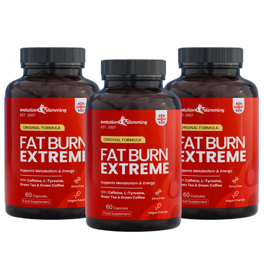 Three dark amber supplement bottles with black caps and bright red labels reading 'FAT BURN EXTREME' on a plain white background.