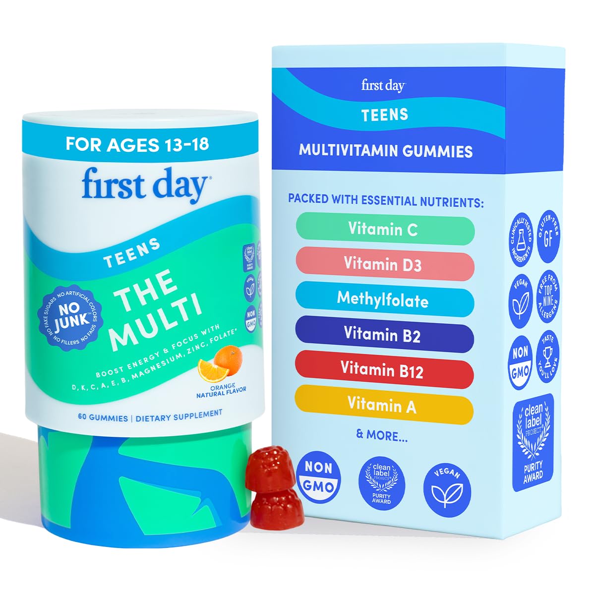 First Day Vitamins for Teens – Teen Multivitamin for Boys & Girls 12-17 | Organic Fruit & Veggie Blend | 30 Day Supply - Calm Era