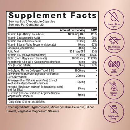 Acelerador del crecimiento del cabello multivitamínico de Force Factor | Lustriva, biotina y vitaminas A-E | 90 cápsulas