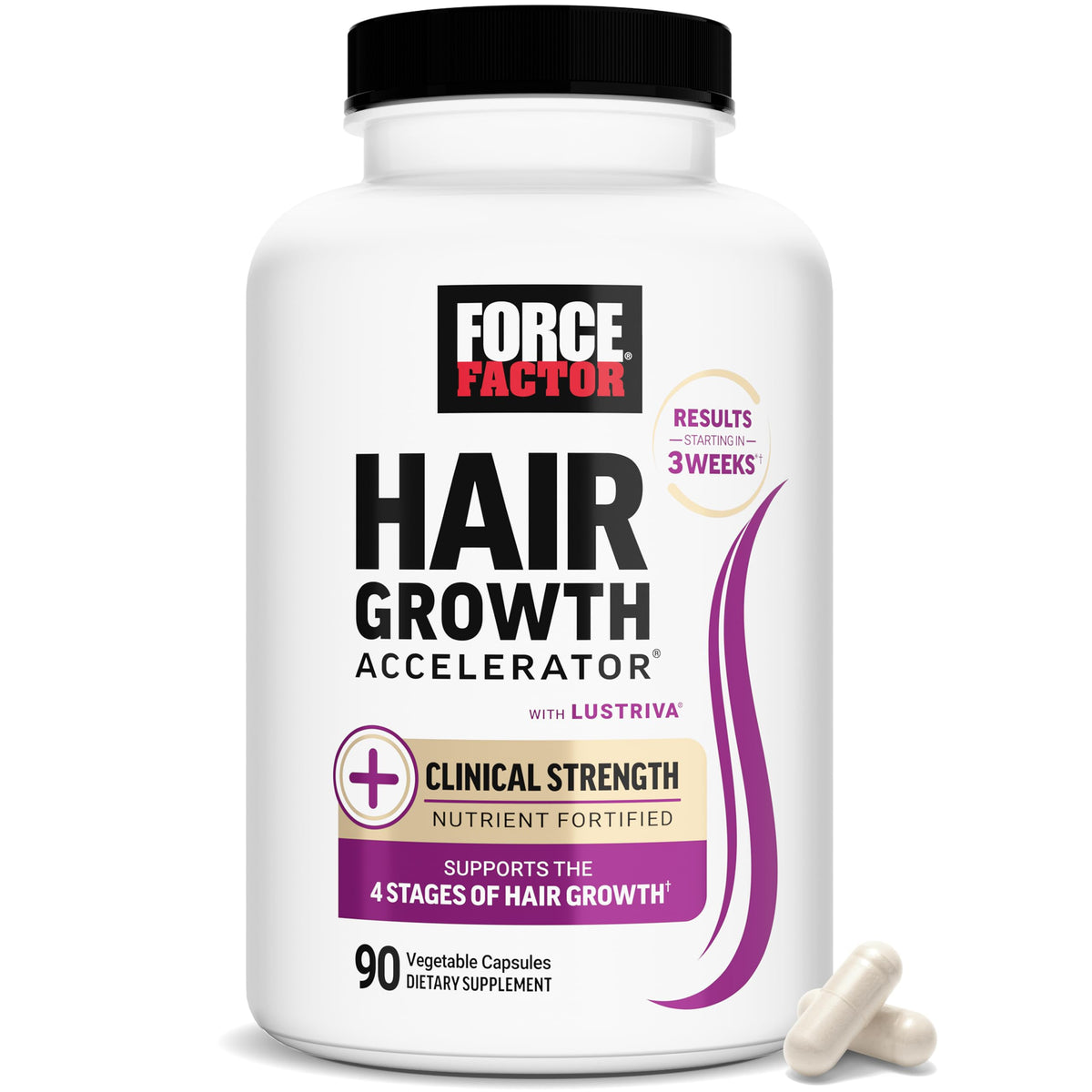 Acelerador del crecimiento del cabello multivitamínico de Force Factor | Lustriva, biotina y vitaminas A-E | 90 cápsulas