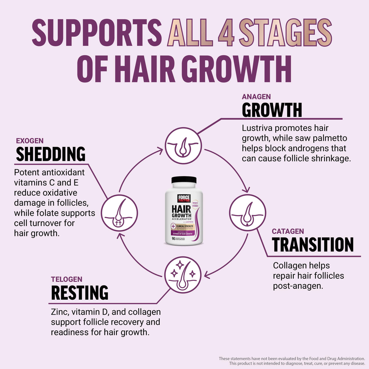 Acelerador del crecimiento del cabello multivitamínico de Force Factor | Lustriva, biotina y vitaminas A-E | 90 cápsulas