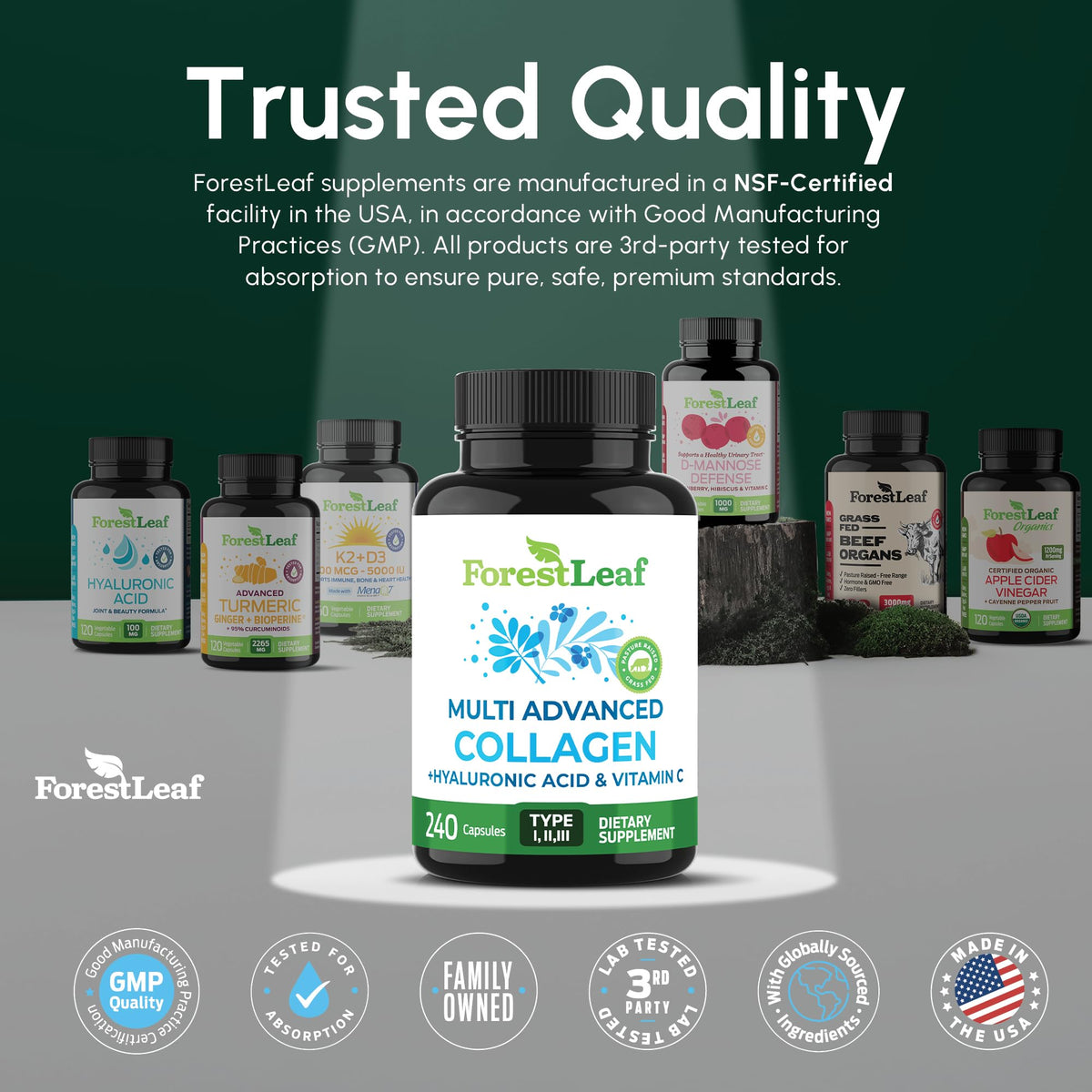 ForestLeaf Pastillas de colágeno múltiple — Colágeno hidrolizado con vitamina C y ácido hialurónico (240 cápsulas)