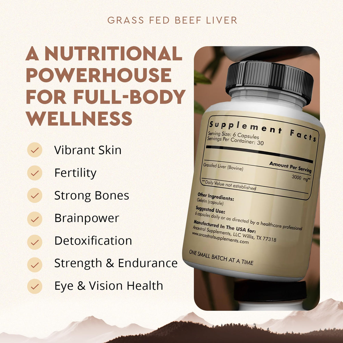Ancestral Supplements Hígado de Res de Pastura 180 Cápsulas | Energía, Desintoxicación, Digestión, Inmunidad