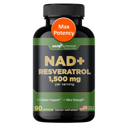 Supplement bottle labeled 'NAD+ Resveratrol 1,500 mg' with 'Gade Nutrition' branding on a white background.