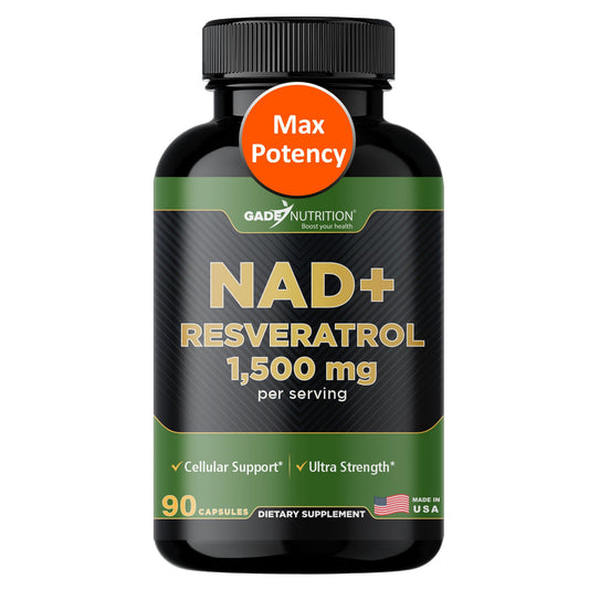 Supplement bottle labeled 'NAD+ Resveratrol 1,500 mg' with 'Gade Nutrition' branding on a white background.