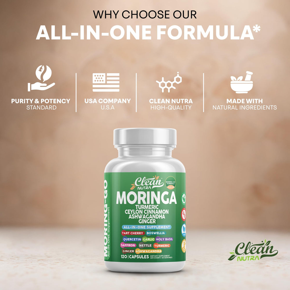 Clean Nutra Moring-Go Cápsulas de Moringa y Cúrcuma 13 en 1