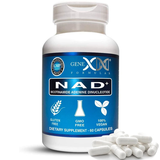 Supplement bottle labeled 'NAD+' with capsules on a white background
