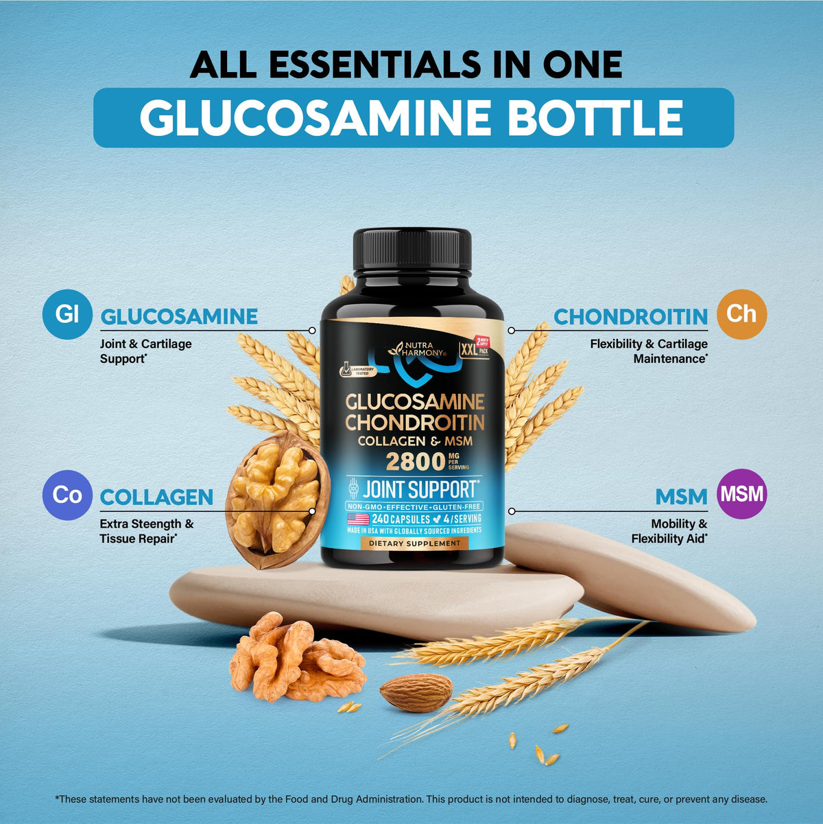 Glucosamina Condroitina MSM Colágeno – Apoyo Articular (240 Cápsulas) | Hecho en EE. UU.