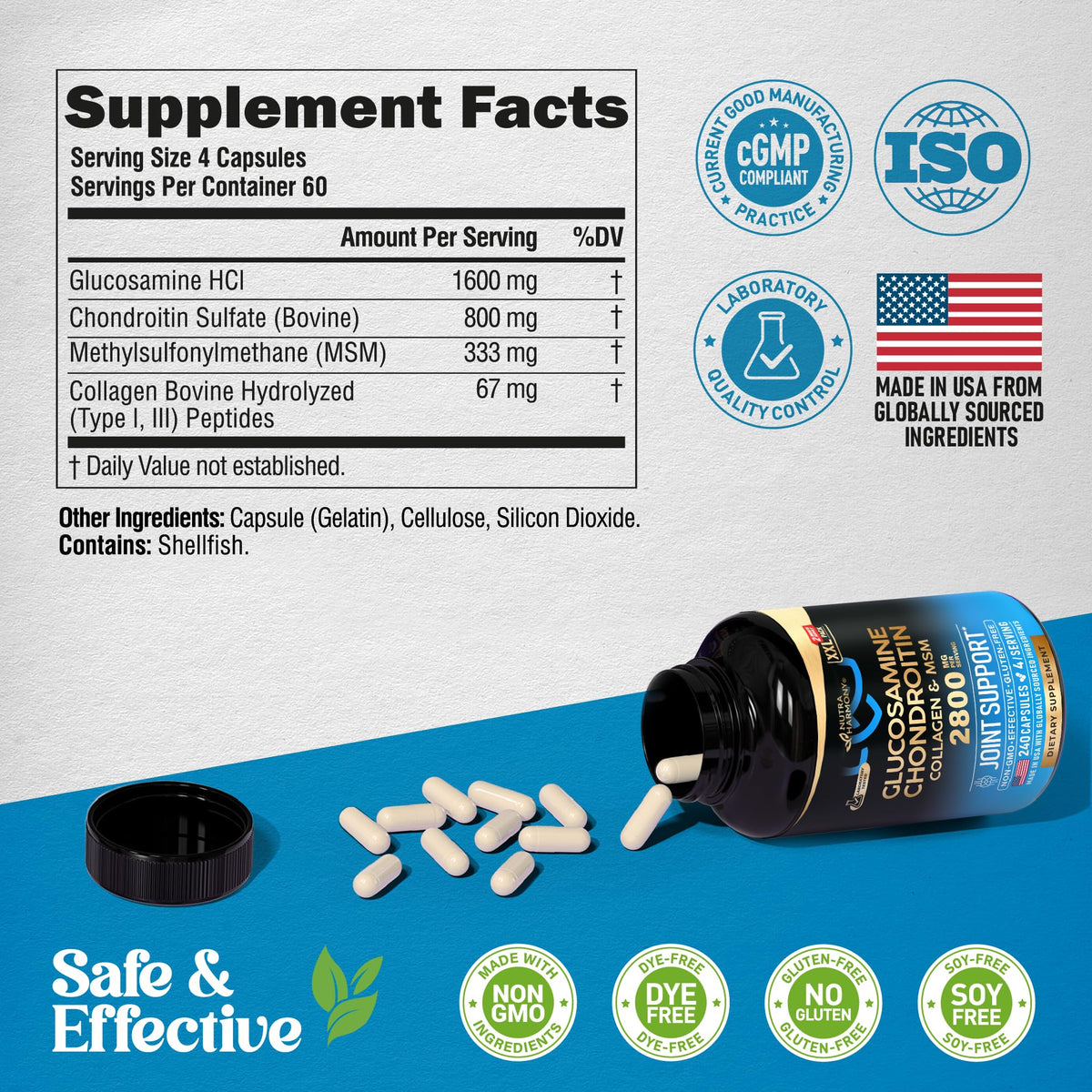 Glucosamina Condroitina MSM Colágeno – Apoyo Articular (240 Cápsulas) | Hecho en EE. UU.