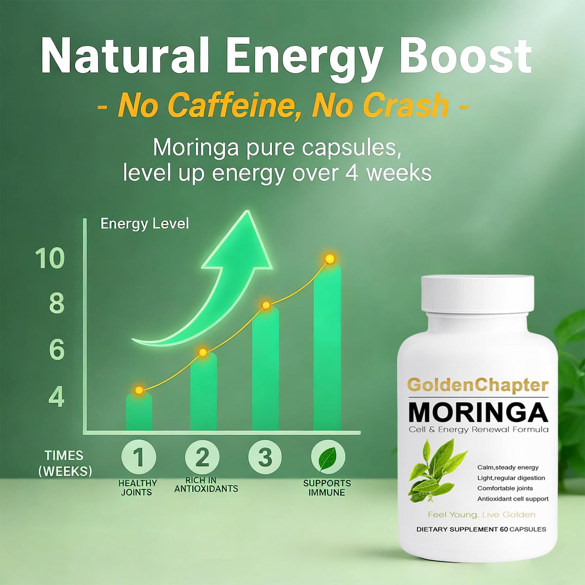 Golden Chapter Cápsulas de Moringa con Hierro, Magnesio, B12 y Vitamina C, 60 unidades