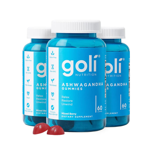 Three bottles of Goli Nutrition Ashwagandha Gummies on a white background