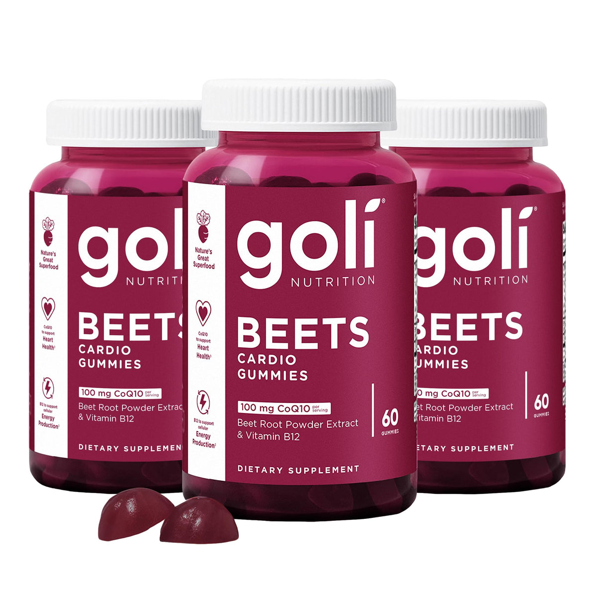Gomitas Goli Beets Cardio con CoQ10 y Vitamina B12 – Extracto de Remolacha para el Bienestar Cardiovascular | 60 Unidades (Paquete de 3)