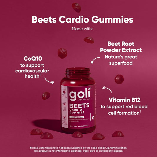 Gomitas Goli Beets Cardio con CoQ10 y Vitamina B12 – Extracto de Remolacha para el Bienestar Cardiovascular | 60 Unidades (Paquete de 3)