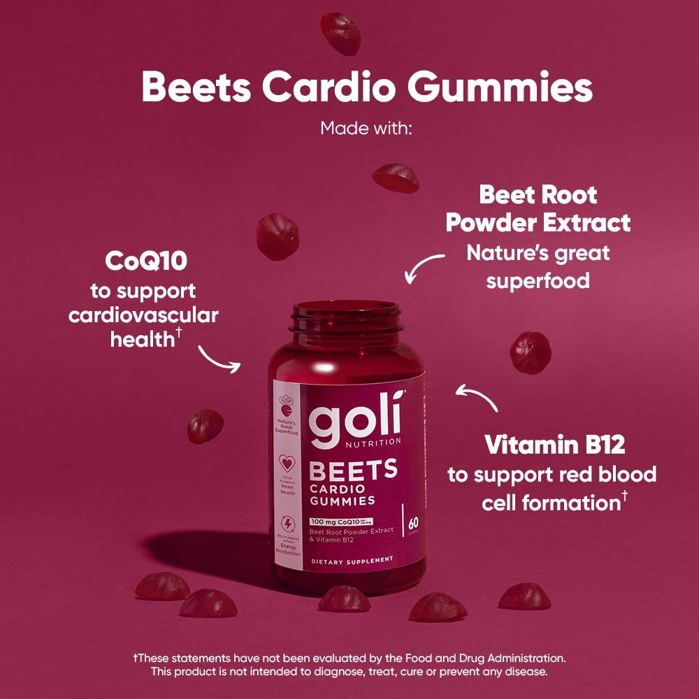 Gomitas Goli Beets Cardio con CoQ10 y Vitamina B12 – Extracto de Remolacha para el Bienestar Cardiovascular | 60 Unidades (Paquete de 3)