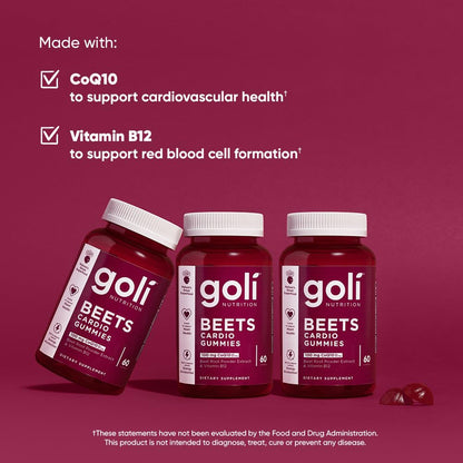 Gomitas Goli Beets Cardio con CoQ10 y Vitamina B12 – Extracto de Remolacha para el Bienestar Cardiovascular | 60 Unidades (Paquete de 3)