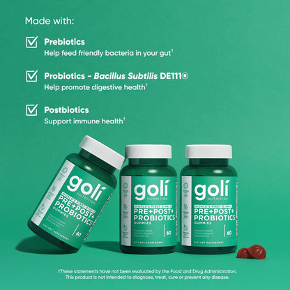 Gominolas Pre+Post+Probióticos de Goli – 180 unidades | 3 en 1 sin gluten, vegano, sin OGM, sin gelatina