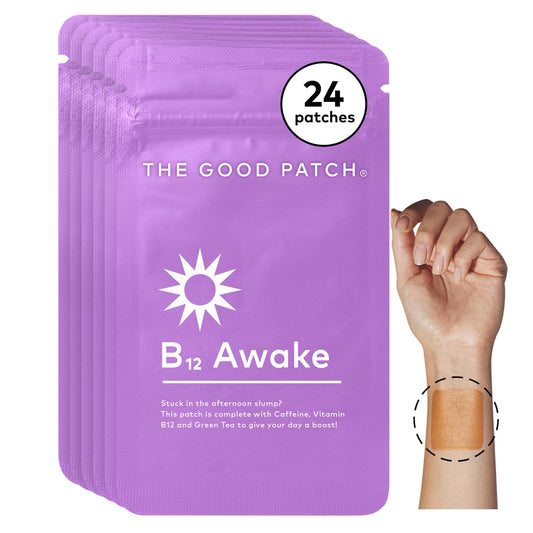 Purple package of The Good Patch B12 Awake patches with a hand wearing one on a white background