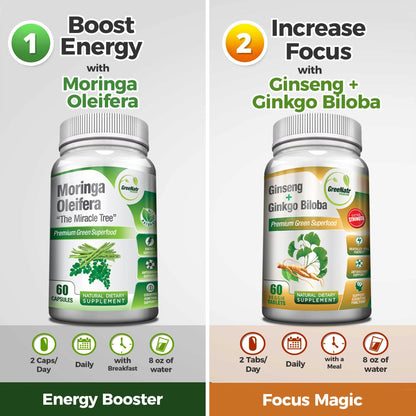 Paquete de Ginkgo Biloba, Panax Ginseng y Moringa de GreeNatr
