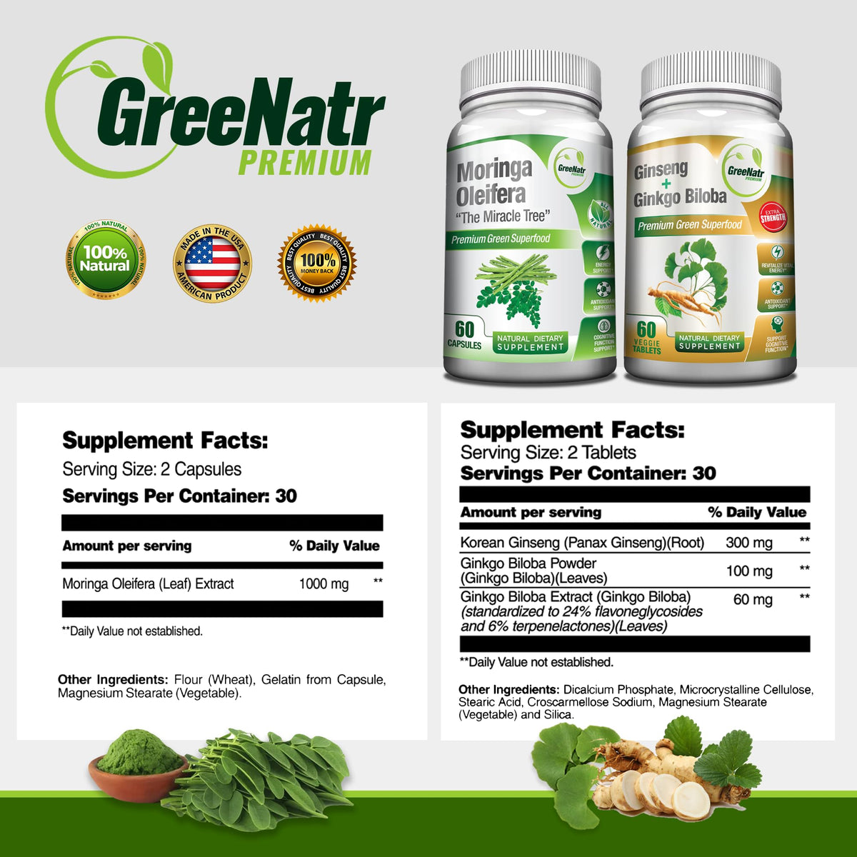 Paquete de Ginkgo Biloba, Panax Ginseng y Moringa de GreeNatr