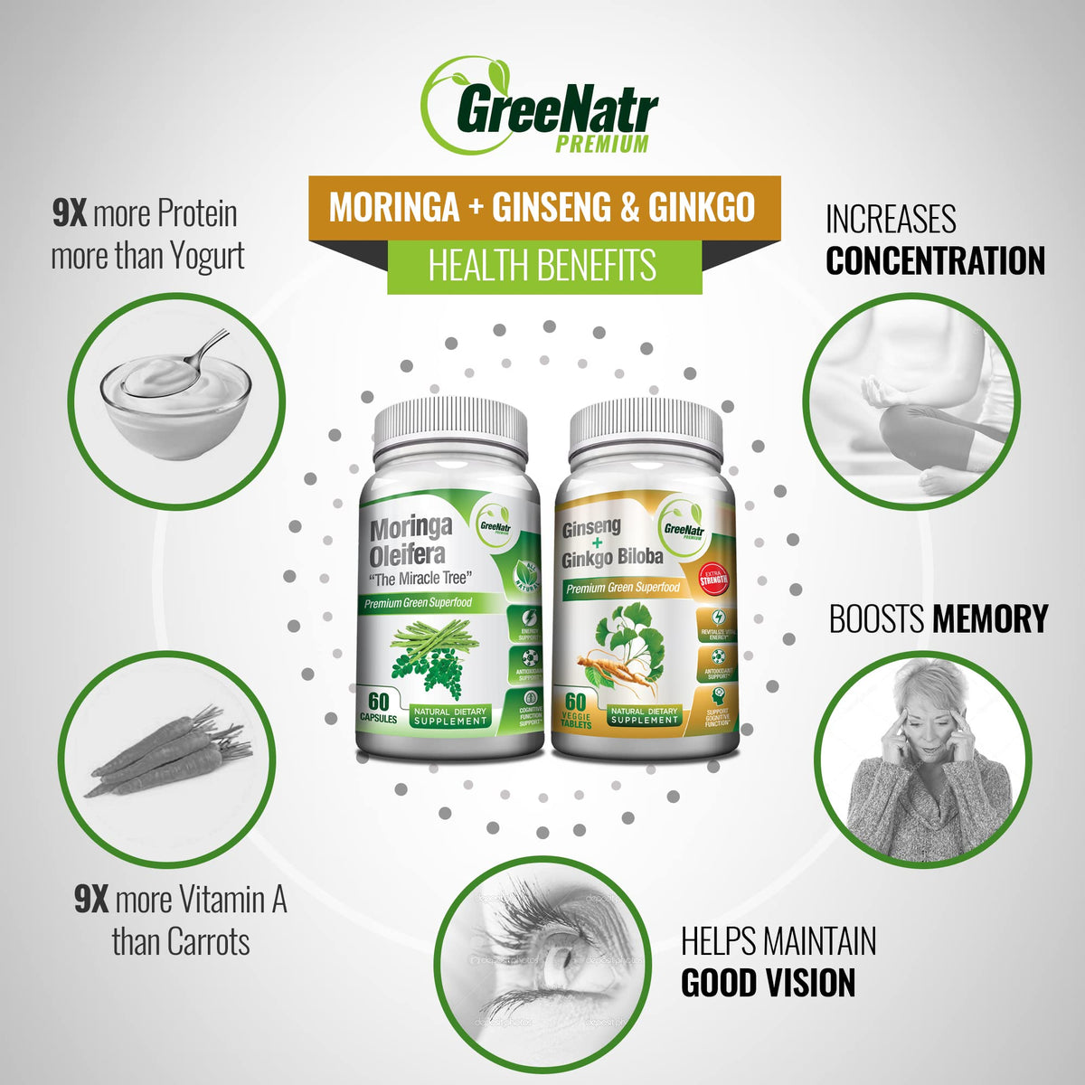 Paquete de Ginkgo Biloba, Panax Ginseng y Moringa de GreeNatr