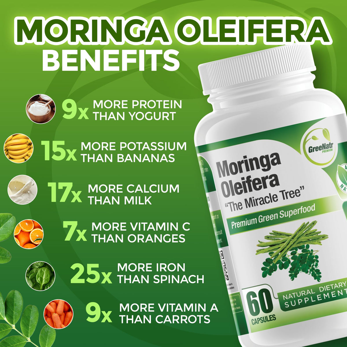 GreeNatr Cápsulas de Moringa Oleifera Pura 1000mg | Paquete de 3 Frascos
