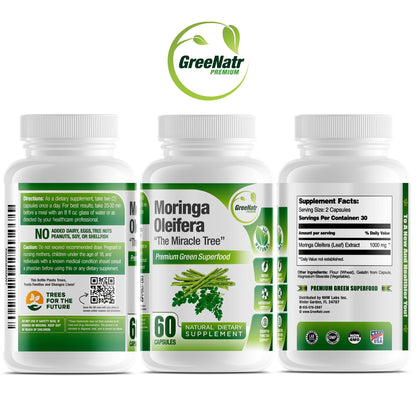 GreeNatr Cápsulas de Moringa Oleifera Pura 1000mg | Paquete de 3 Frascos