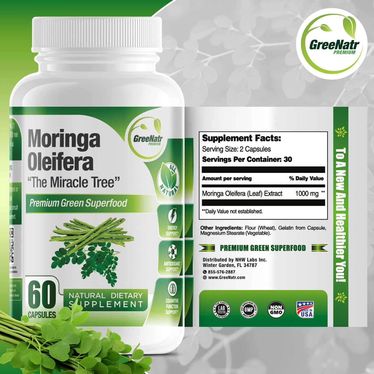 GreeNatr Cápsulas de Moringa Oleifera Pura 1000mg | Paquete de 3 Frascos