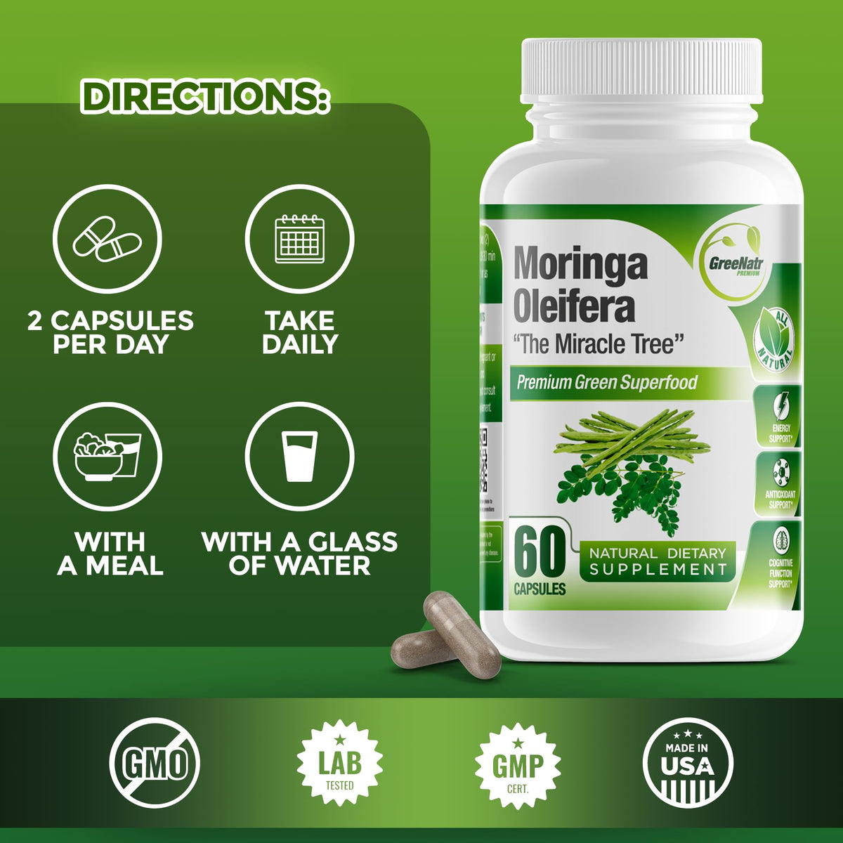 GreeNatr Cápsulas de Moringa Oleifera Pura 1000mg | Paquete de 3 Frascos