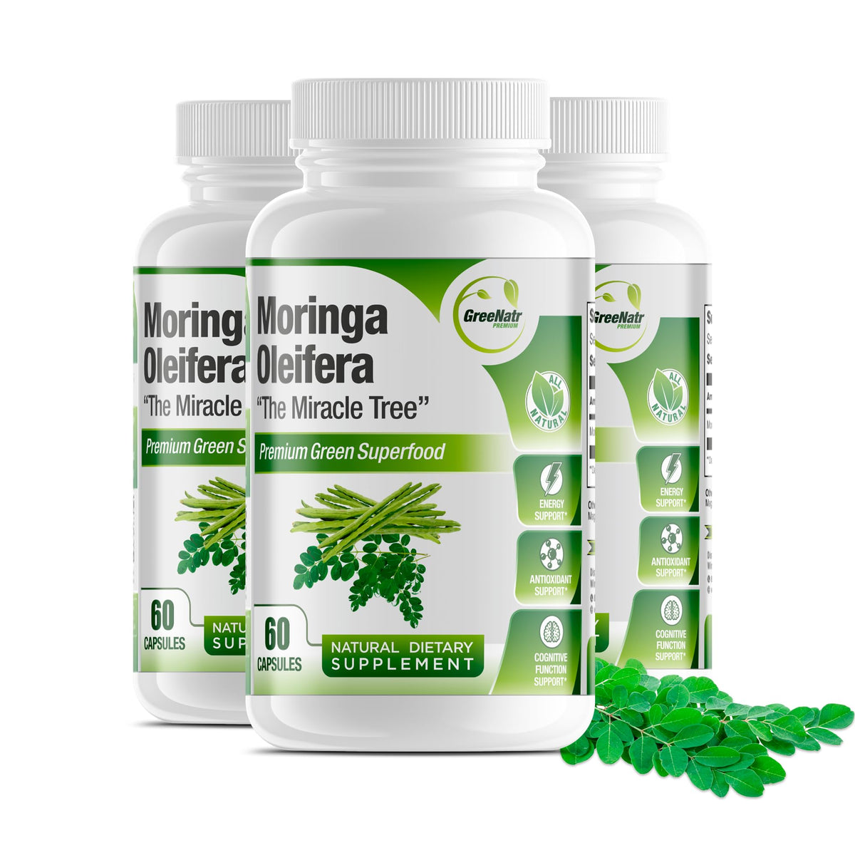 GreeNatr Cápsulas de Moringa Oleifera Pura 1000mg | Paquete de 3 Frascos