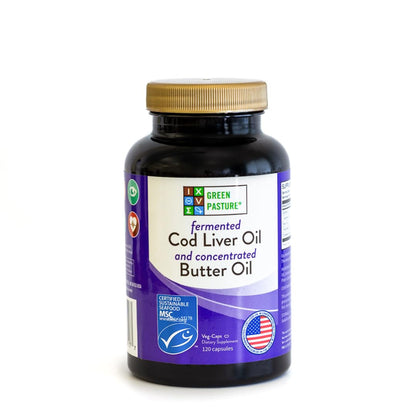 Green Pasture Aceite de Hígado de Bacalao Fermentado y Mezcla de Mantequilla – 120 Cápsulas