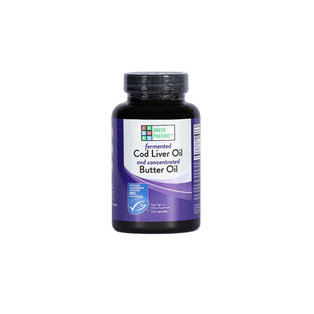 Bottle of Green Pasture Cod Liver Oil and Butter Oil on a white background