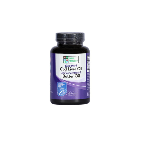 Bottle of Green Pasture Cod Liver Oil and Butter Oil on a white background