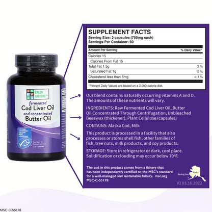 Green Pasture Aceite de Hígado de Bacalao Fermentado y Mezcla de Mantequilla – 120 Cápsulas