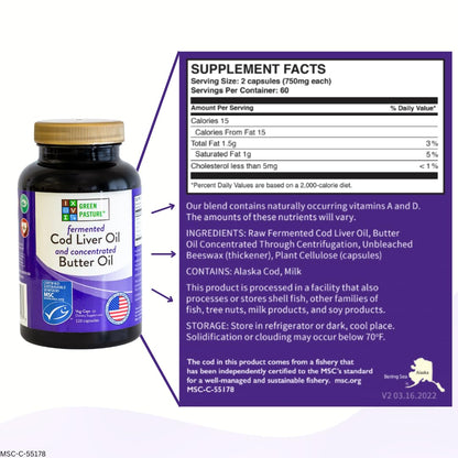 Green Pasture Aceite de Hígado de Bacalao Fermentado y Mezcla de Mantequilla – 120 Cápsulas