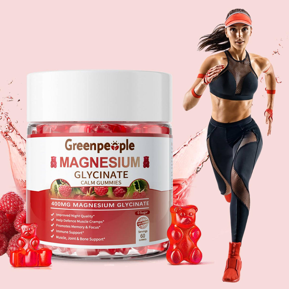 GREENPEOPLE Magnesium Glycinate Gummies 400mg — Sugar Free Raspberry Flavor, Vitamin D & B6 for Calm Support - Calm Era