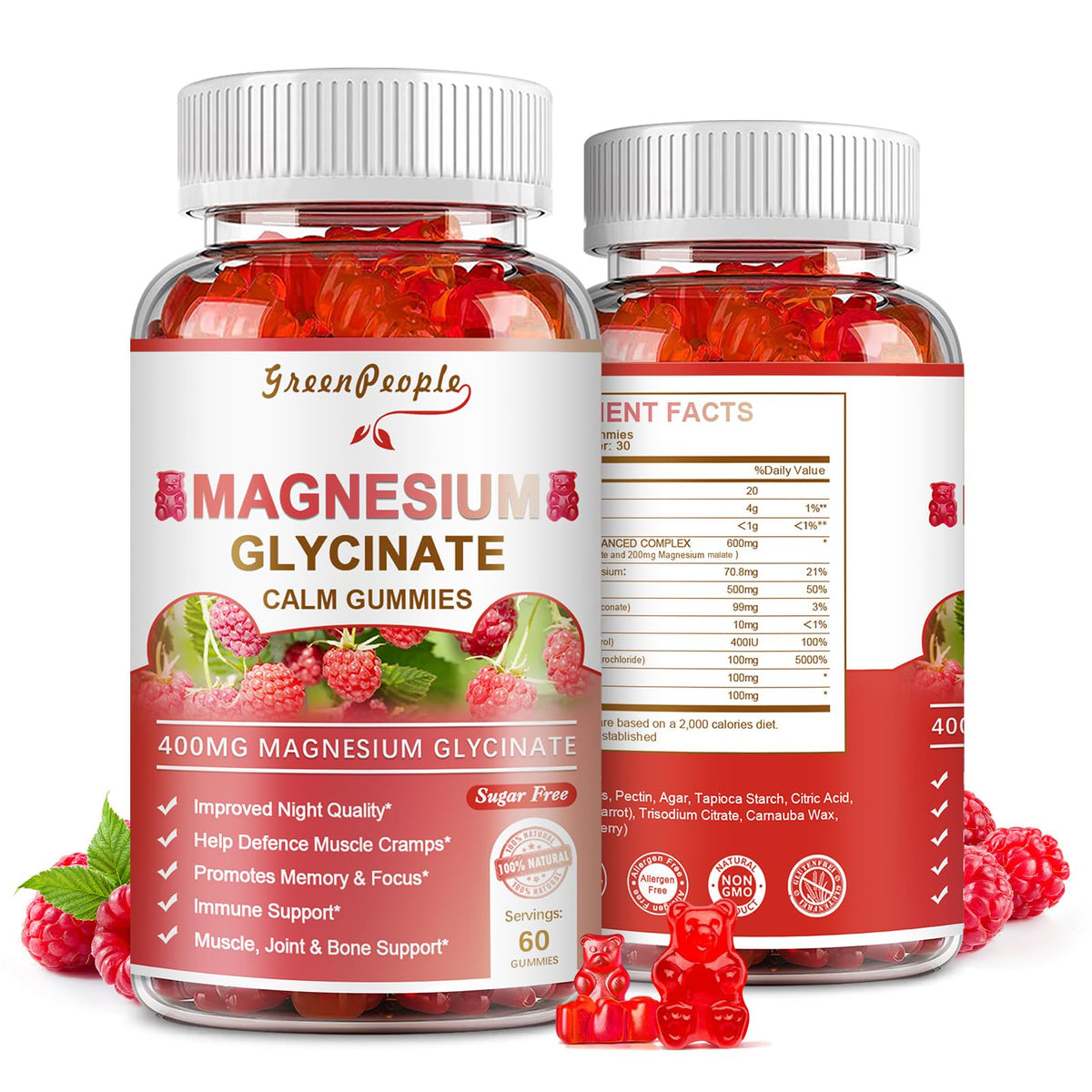 GREENPEOPLE Magnesium Glycinate Gummies 400mg — Sugar Free Raspberry Flavor, Vitamin D & B6 for Calm Support - Calm Era