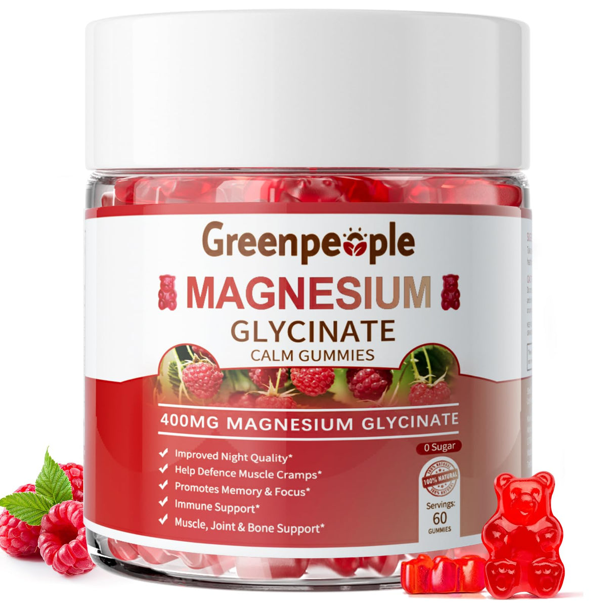 GREENPEOPLE Magnesium Glycinate Gummies 400mg — Sugar Free Raspberry Flavor, Vitamin D & B6 for Calm Support - Calm Era