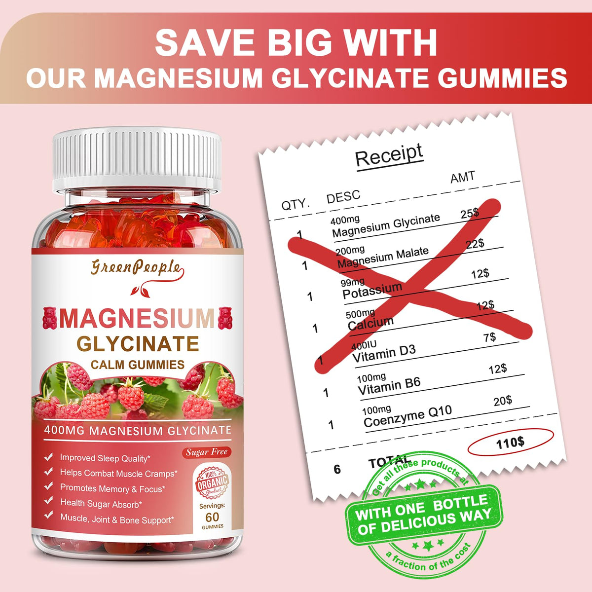 GREENPEOPLE Magnesium Glycinate Gummies 400mg — Sugar Free Raspberry Flavor, Vitamin D & B6 for Calm Support - Calm Era