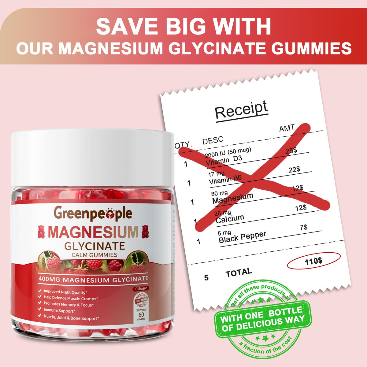 GREENPEOPLE Magnesium Glycinate Gummies 400mg — Sugar Free Raspberry Flavor, Vitamin D & B6 for Calm Support - Calm Era
