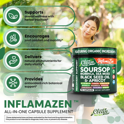 Clean Nutra Suplemento de Guanábana con Moringa, Musgo Marino y Berberina 90 cápsulas